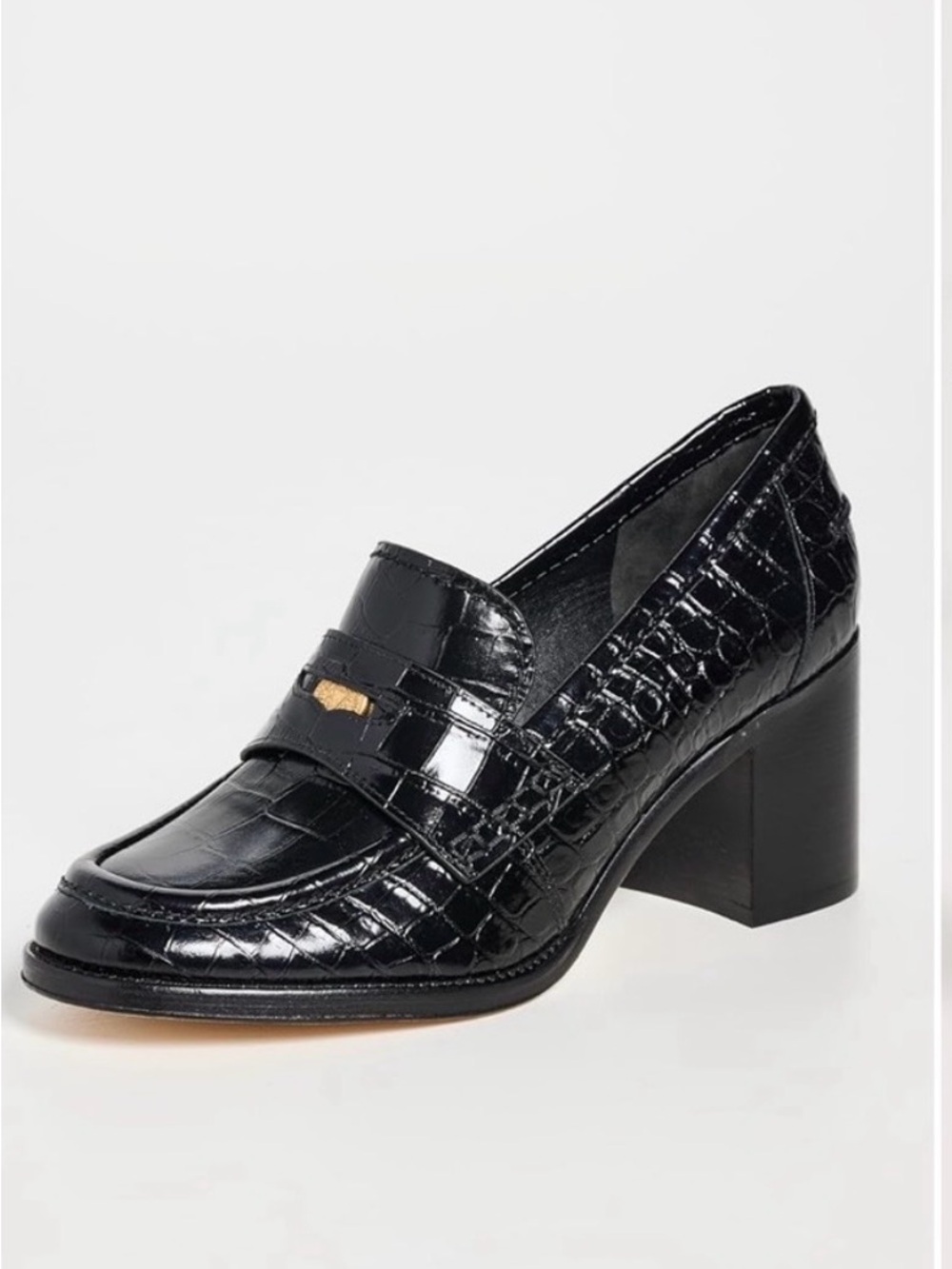 Veronica Beard Black Croc-Embossed Block Heel Loafer with Gold Accent
